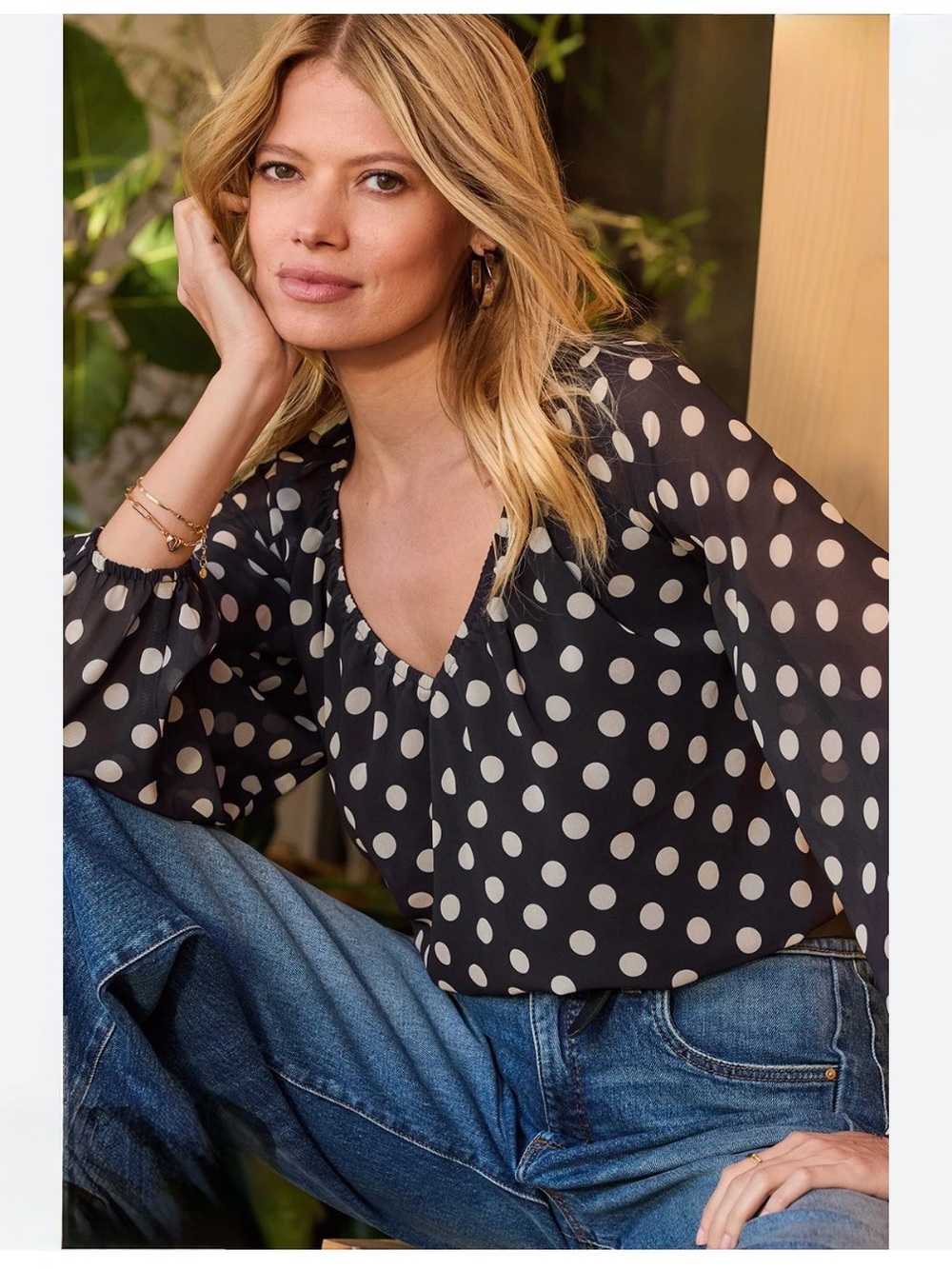Evereve Eloise Black & White Polka Blouse, Sz Small EUC